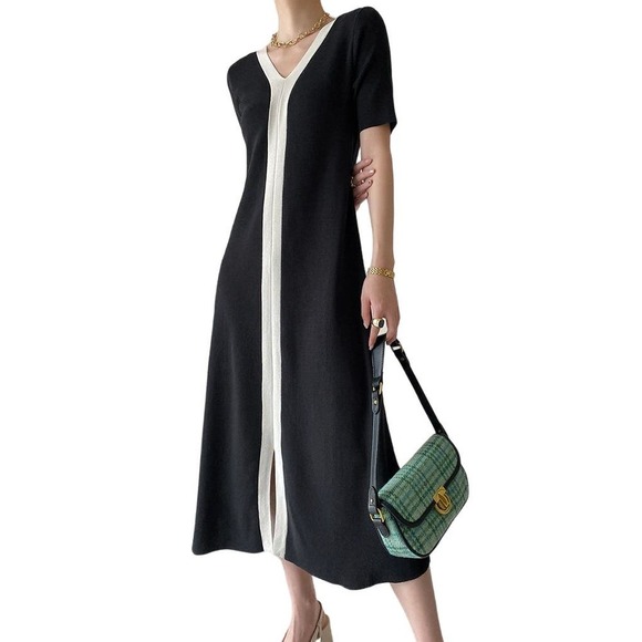 Commense Dresses & Skirts - Midi Dress Two Tone Front Slit Black Contrast Trim Short Sleeve Stretch Knit 12